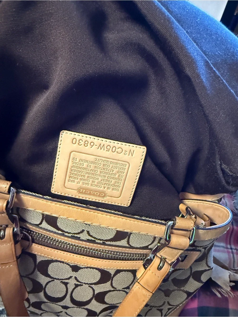 Coach Hamptons Vintage Signature Tote Bag Brown Jacquard Canvas Tan Leather